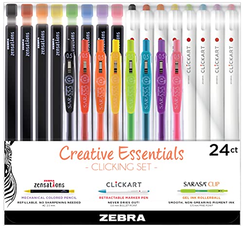Zebra Pen Creative Set, Zensations, CLiCKART & SARASA Clip, Assorted, 24-Pk | Includes 8 Colored Pencils, 8 CLiCKART Markers and 8 SARASA Clip Retractable Gel Pens, Ideal for Bullet Journaling (76124) - style: Writing Essentials Set