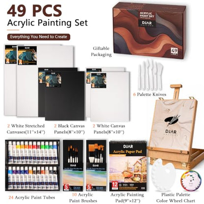DJAR 49 Pcs Acrylic Paint Set with Tabletop Easel & Canvas, 24 Colors | Complete Art Supplies Kit with Canvas Panels, Brushes and Painting Pads, Painting Set for Kids, Beginners, Adults and artists - style: Tabletop Easel Set