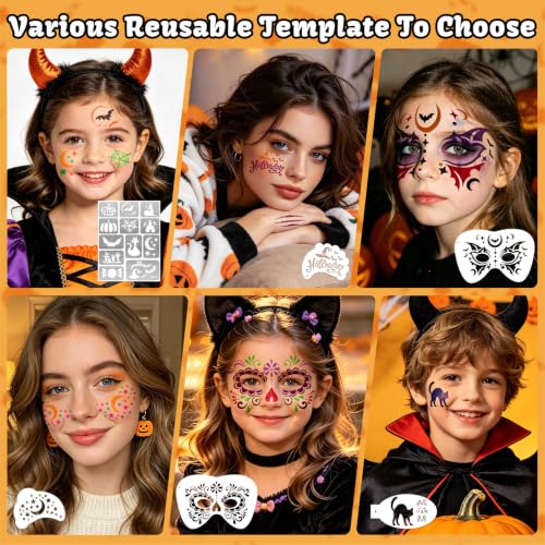 58PCS Halloween Face Paint Stencils Kit Includes 36 Reusable Facial Painting Stencils, 6 Sheets Tattoo Templates Stickers, 10 Brushes, 2 Pack Adhesive Gems, 4 Sponge for Halloween Party Makeup - color: Halloween
