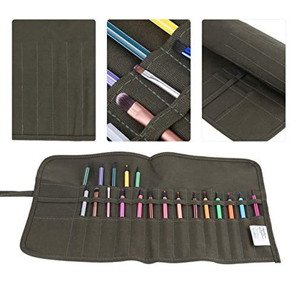 30-Slot Paint Brush Holder Roll Up Case Organizer, Canvas | Holder Storage Case Bag, Pockets Carry Pouch, Protect Artist Acrylic Oil Watercolor Paintbrushes, Store Pencils, Pens Tools