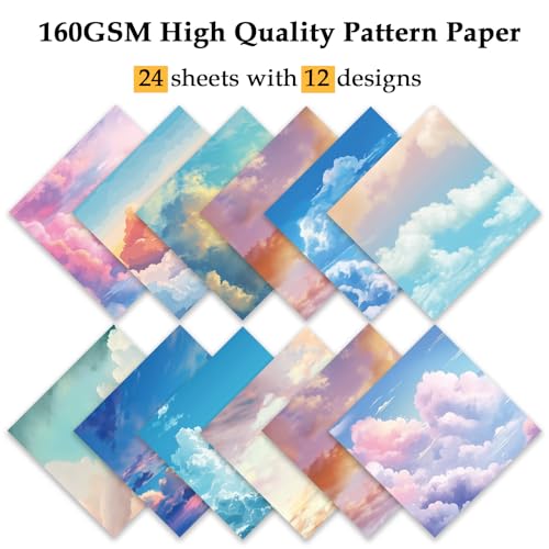 Scrapbook Paper, 24 Sheets 6"×6" 160gsm Single-Sided Patterned Cardstock - color: 24 sheets-colorful sky