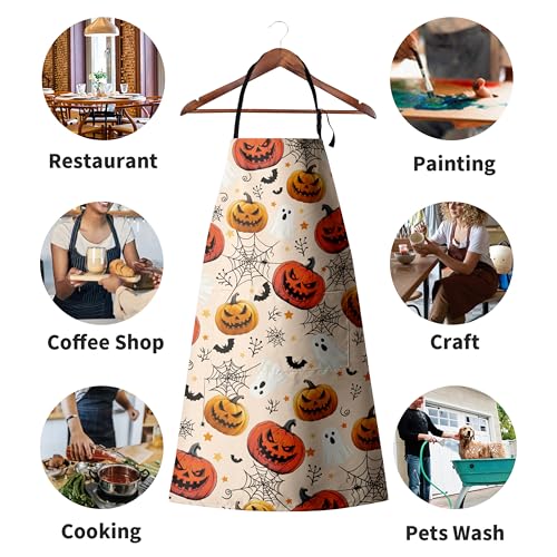 Halloween Aprons Jack-O-Lantern Ghost Cooking Apron Bat Spider Web Pumpkin Kitchen Chef Apron with Pockets Adjustable Neck Strap for Cooking Barbecue Baking Sewing Crafting - color: Halloween Pumpkin-b