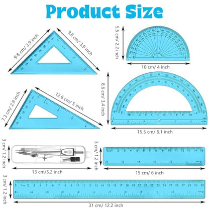Zonon 7‑Piece Geometry Set with Drawing Compass, 6 & 4 Inch Protractors, Triangle Rulers and Straight Rulers, Transparent Math Drafting Supplies for Back to School, Students and Office Use(Blue) - color: Blue