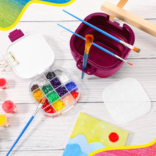 Airtight Acrylic Paint Palette Lid 16 Well Storage Box Travel Palette Paint Storage Container Fixing Clips Collapsible Brush Basin Art Supplies Organizer for Gouache Acrylic Watercolor and Oil(Pink) - color: Pink