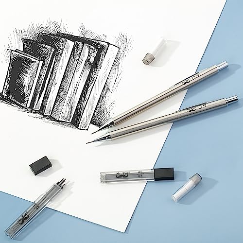 Mr. Pen- Metal Mechanical Pencil Set with Lead Refills & Erasers, 2 Pack | 0.9mm, 4x Tubes 2B Lead Refill, 4x Eraser Refills for School Supplies, Note Taking, Drawing, Sketching, Office - style: 0.9mm