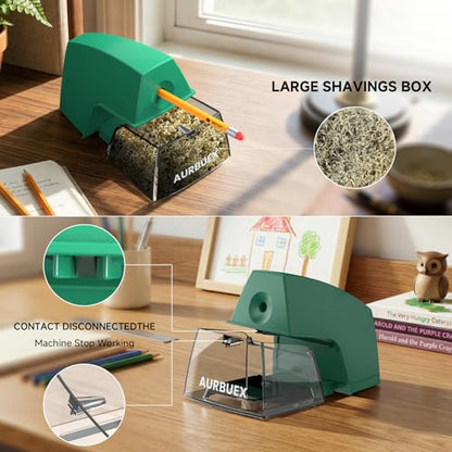 Electric Pencil Sharpener for 6 to 8 mm Pencils Helical Blade Fast 4 Second Sharpening Large Shavings Bin Non Slip Feet Safe Design for Classroom Office and Home Green(S1131) - color: Green