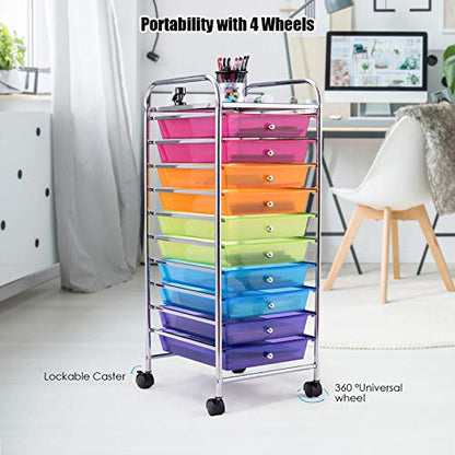 Happygrill 10-Drawer Storage Cart, Utility Cart with Removable Drawers & Metal Frame, Rolling Storage Cart with Lockable Wheels for Home, Office, Rainbow - color: Rainbow