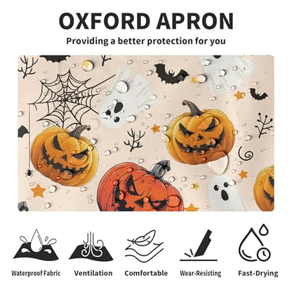 Halloween Aprons Jack-O-Lantern Ghost Cooking Apron Bat Spider Web Pumpkin Kitchen Chef Apron with Pockets Adjustable Neck Strap for Cooking Barbecue Baking Sewing Crafting - color: Halloween Pumpkin-b
