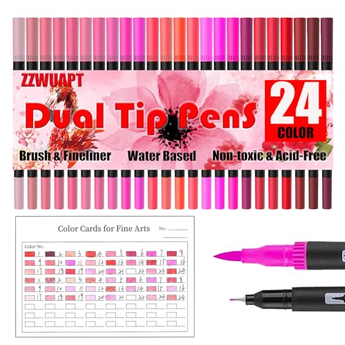 Red & Pink Double Tip Brush Pens Art Markers,24 Colored Artist Fine Brush Pen Coloring Markers for Adult Drawing Art Craft Kit - color: Red