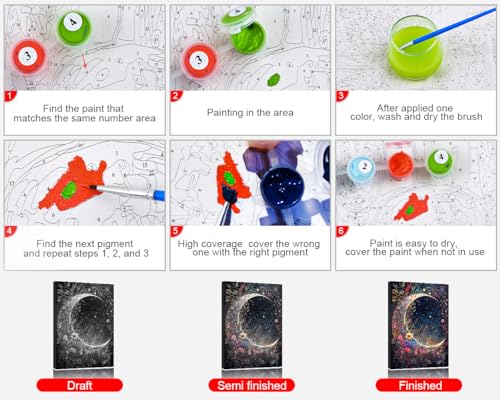 TUMOVO Moon Floral Adult Paint by Number Kit on Canvas | moon floral 16x20 inch canvas kit with acrylic paints, turn blank canvas into art and display as wall decor.