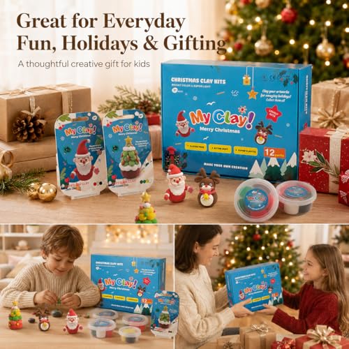 Air Dry Clay for Kids, 12 Christmas Modeling Clay DIY Model Magic Clay Kit with Tools&Tutorials, Soft&Non-Sticky, Safe&Non-Toxic, Creatible Art Crafts Toys Gifts for Kids,Christmas Crafts Xmas Gift - color: 12 Packs Christmas Clay Kit