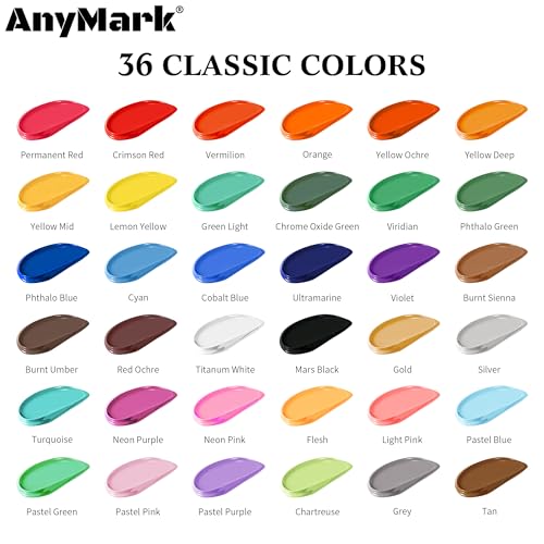 AnyMark Acrylic Paint, 36 Classic Colors Acrylic Paint Set with 12 Brushes - color: Classic