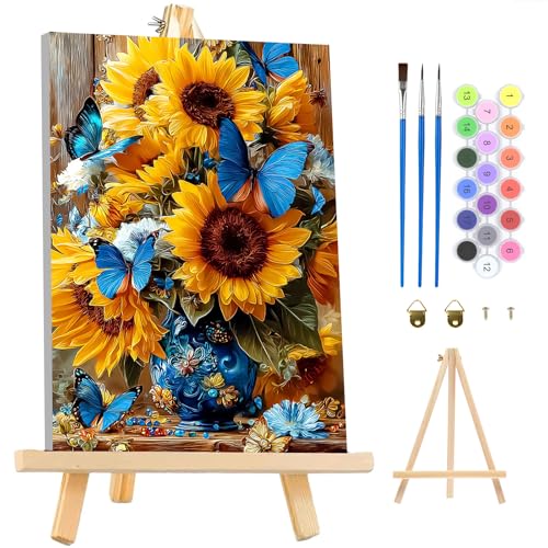 MAXBYE Framed Paint by Numbers Kits for Adults Beginners with Wooden Easel, Sunflower Crafts Art Kit with Frame, DIY Butterfly Canvas by Numbers for Gift Home Wall Decor 10×14 in - color: ZL063