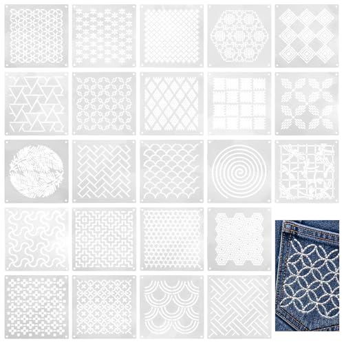 25 Pcs Sashiko Stencil, 4.7 X 4.7 Inch Plastic Sashiko Template Geometric Embroidery Patterns, Fabric Embroidery Stencils Quilting Templates Drawing Line for Hand Quilting Mending Supplies