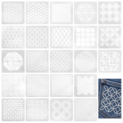 25 Pcs Sashiko Stencil, 4.7 X 4.7 Inch Plastic Sashiko Template Geometric Embroidery Patterns, Fabric Embroidery Stencils Quilting Templates Drawing Line for Hand Quilting Mending Supplies