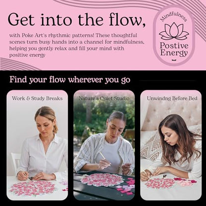 Unwynd Poke Art Cherry Blossom Flower Bouquet Kit for Adults, Women & Teens | Hobby activity, brain puzzles, adult, 12 illustration sheets, 12 pages of stickers, 12 colour pages Rubbing Plates & Supplies - style: Cherry Blossom