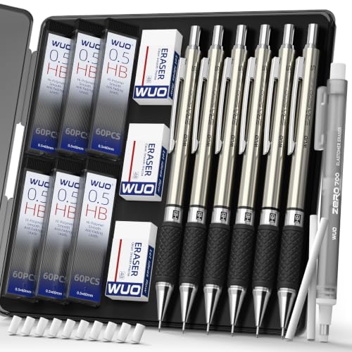 WUO 0.5 mm Mechanical Pencil Set with Eraser Pen Storage Case, 6 PCS | Metal Drafting Pencils, 360 HB Lead Refills, 3x4B Erasers, 12 Eraser Refills for School Artist Writing Drawing Sketching - color: Black 4 - 0.5mm (6 Pack)