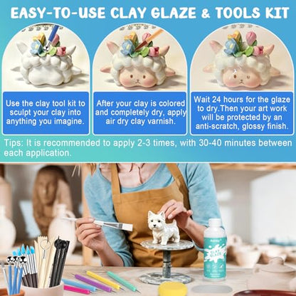 Aukney 100ML Air Dry Clay Varnish and 29pcs Tool Kit, High Gloss Air Dry Clay Glaze, Sealant, Prevent Clay from Cracking, and Scratch Resistant - Pottery Tools for Stippling, Shaping Clay Crafts