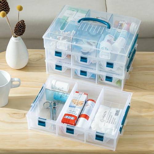 MyGift Single Stackable Tray, Add-on for 11 Inch Clear Arts & Crafts Storage Box with Blue Accents, 9 Compartment Sewing Supplies Organizer 3 Drawers and Removable Dividers - color: Clear& Blue (Add on Tray Only)