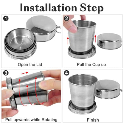 Guyuyii 3 Pcs Stainless Steel Collapsible Cups for Traveling with Keychains | Collapsible Cup with Lid for Outdoor Activities, Camping, Travel | Compatible with Water, Mouthwash, Espresso, Silver