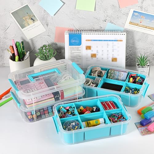 JUXYES 4-Tiers Plastic Stack Carry Storage Containers Box wih Handle Lids - color: Blue