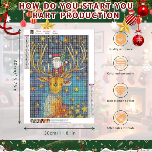 Ohhvvow Magic Christmas Diamond Painting Kit - Santa Standing on Reindeer Head with Gifts, Glittering Stars Sky, 5D Full Drill Round Diamonds & Tools, Holiday DIY Craft Gift for Women Men - color: Santa Claus with deer A