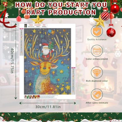 Ohhvvow Magic Christmas Diamond Painting Kit - Santa Standing on Reindeer Head with Gifts, Glittering Stars Sky, 5D Full Drill Round Diamonds & Tools, Holiday DIY Craft Gift for Women Men - color: Santa Claus with deer A