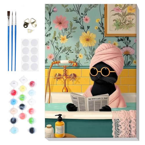 Bowetile Framed Cat Paint by Numbers Kit for Adults, Adults' Paint-by-Number Kitty Kits on Canvas, Painting by Numbers Cat in a Bath, DIY Acrylic Number Painting for Home Wall Decor, 8x12in - color: Cat in a Bath, Black Cat