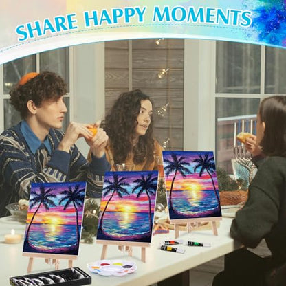 Cholemy 8 Set Paint and Sip Kit for Adults 8'' x 10'' Pre Drawn Canvas with Wooden Easels Acrylic Paint Brushes Wash Cup Palette Apron for Painting DIY Date Night Party Supplies(Sunset) - style: Sunset
