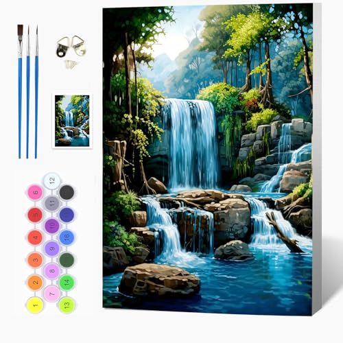 Auremi Waterfall Paint by Number Kits with Framed, DIY Landscape Paint by Number Canvas for Adults, Easy Acrylic in Canvas with Brushes for Decor 20x30cm - color: Paint by number 002