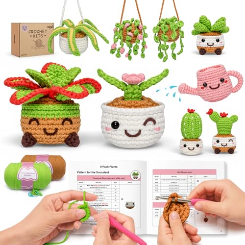 Mewaii Crochet Kit for Beginners, 9 Pack Plant Kit Craft Set - color: Green,Brown, White and Pink