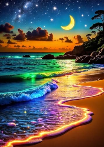 Yunnuo Diamond Art Kits for Adults Beginners, Moonlight Beach 5D DIY Diamond Painting, Seaside Moon, 12x16 Inch,Suitable for Home Wall Decor and Gifts - color: B003-moonlight beach 30x40cm