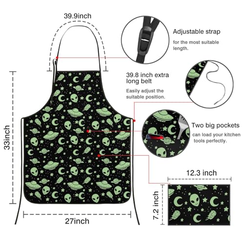 Apron with 2 Pockets,Kitchen Chef Artist Aprons for Cooking Gardening Baking Painting, Waterproof Apron 33" x 27" - color: Alien