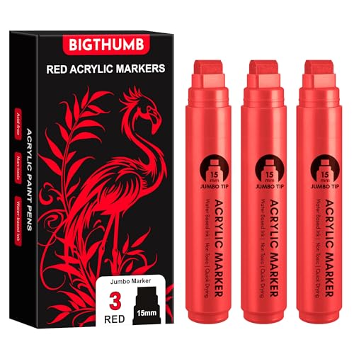 BIGTHUMB 3 Pcs Red Jumbo Permanent Markers: 15mm Wide Tip Thick Acrylic Paint Pen Large Calligraphy Marker for Rock Painting, Poster, Sign, Canvas, Glass, Wood, Ceramic - color: Red