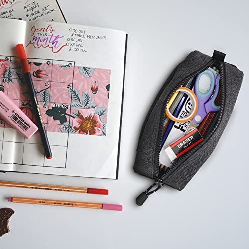 Rough Enough Small Canvas Pencil Case, Stationery Bag for Students | Black, 8"x3"x2.5", YKK Zipper, Detachable Keychain, Name Tag, for School & Office Stationery Use