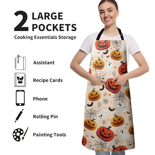 Halloween Aprons Jack-O-Lantern Ghost Cooking Apron Bat Spider Web Pumpkin Kitchen Chef Apron with Pockets Adjustable Neck Strap for Cooking Barbecue Baking Sewing Crafting - color: Halloween Pumpkin-b