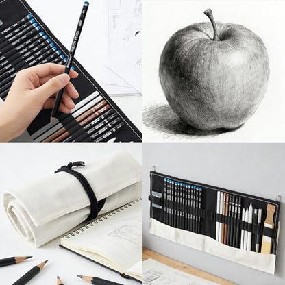 Professional Sketching Pencil Set with Full Hardness Range (3H–14B) – Graphite & Charcoal Pencils with Portable Canvas Pouch
