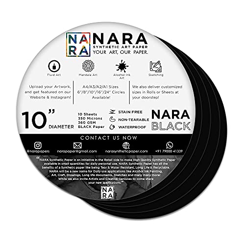 NARA Alcohol Ink Paper | Black | 10” Diameter Circle | 350 microns/360 GSM | 10 Sheets | Medium+ Paper | Paper for Alcohol Ink Art Painting | 100% Stain-Free - color: Black_Circle_Paper Sheets_01