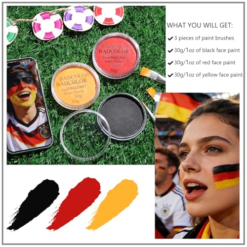 Black Red Yellow Germany Flag Face Body Paint Set, World Cup German Flag Face Painting Kit with Painting Brushes for Halloween, Water Based Face Paints for Fire Demon Avatar Tribe SFX Cosplay Make-Up - color: Black+Red+Yellow+3Pcs Brushes