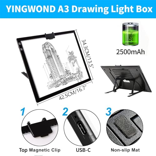 YINGWOND Wireless Rechargeable A3 LED Light Pad w/Built-in Foldable Stand, 3 Color Tone, 6 Levels of Brightness, Battery Powered Evenly Illuminated Light Box for Tracing Drawing and Diamond Painting - style: Rechargeable-A3 Black