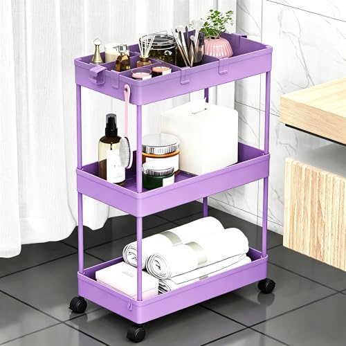 SPACELEAD Slim Storage Cart 3 Tier,Bathroom Organizer Rolling Utility,Mobile Shelving Unit Slide Out for Office, Kitchen, Laundry Room & Narrow Places,Purple - color: Purple