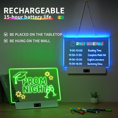 Rechargeable LED Drawing Board, 16.6 Inches Lumiboard, 8 Colors & 3 Modes, LED Note Board with Build in Stand, Includes 7 Markers & 1 Hanging Chain, Great Gift for Children-Easter Gifts