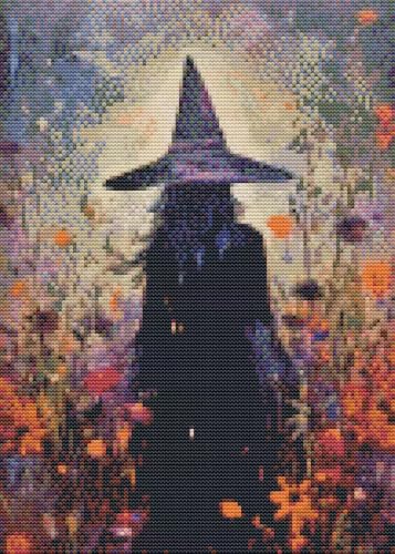 Eiazuiks Halloween Stamping Cross Stitch Kit, Witch Halloween Counting Cross Stitch Kit for Adult Beginners, Full Line DIY Stitching Kit for Home Decor Cross Stitch Patterns 12x16 inches - color: Witch