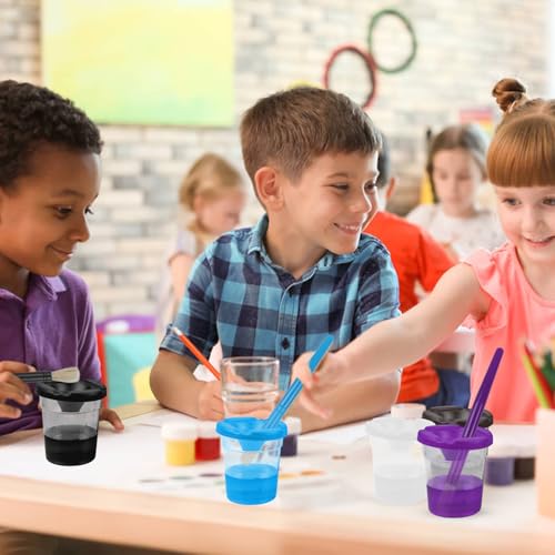 No Spill Paint Cups with Lids, 10 Pcs Spill Proof Painting Containers and 10 Round Paint Brushes Kids Art Craft Class Home Supplies 10 Colors