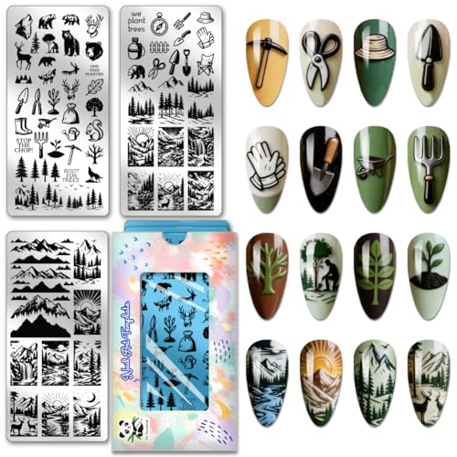 PH PandaHall 3pcs Tree Planting Nail Stamping Plate Wild Animals Nail Art Templates Forest Mountains Manicure Stamper Plate Protect Trees Nails Art Stencils for Women Print Manicures Salon Design - style: Tree Planting