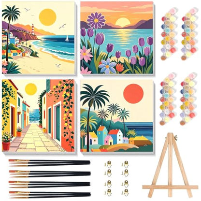 4 Pack Scenery Paint by Numbers for Adults with Frame Canvas - Wooden Easel - color: BKH2816+BKH2817+BKH2818+BKH2819