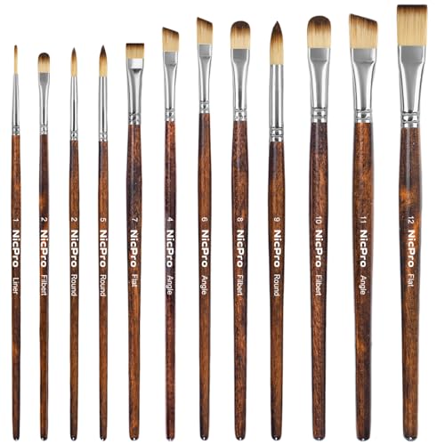 Nicpro 12PCS Artist Paint Brush Set, Paint Brushes for Acrylic Painting | Craft Paintbrushes for Oil Watercolor Gouache, Tempera, Face Body, Fabric, Model, Art Supplies for Artists Beginners (Wood) - color: Brown Wood