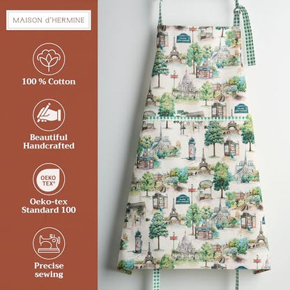 Maison d' Hermine Aprons for women with Pocket 100% Cotton (27.50"x31.50") | Adjustable Neck Strap & long ties Apron Men Chef Wedding Cooking Gardening Server Maid - color: 063 - Paris Voyage