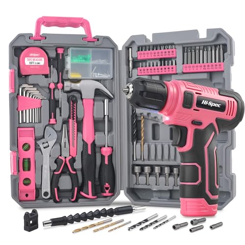 Hi-Spec Tool Set with 8V Drill Set Home DIY Repair & Maintenance, Pink - color: Pink, size: 70-Piece
