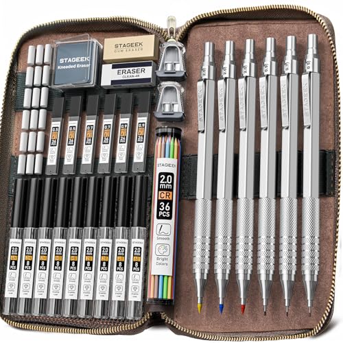 STAGEEK 30Pcs Silver Metal Mechanical Pencil Set with Leather Case | 6PCS Art Drafting Pencils, 0.5, 0.7, 0.9, 2.0MM Mechanical Drawing Pencils, with 300PCS(6B/4B/2B/HB/2H/4H/Colors)Lead Refills - color: Silver, style: 0.5 0.7 0.9 2.0